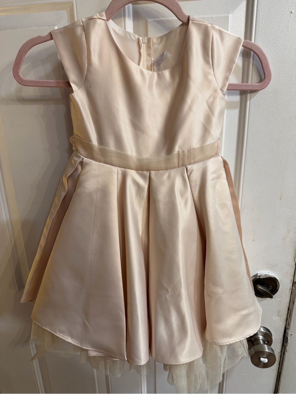 Girls' Cream Satin A-Line Party Dress with Tulle Hem